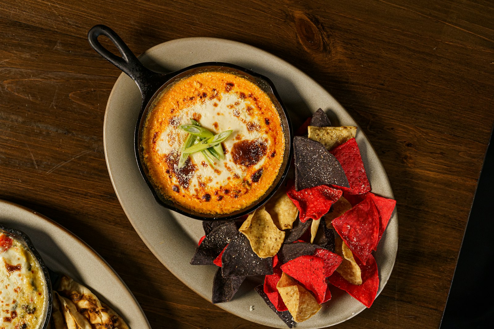 Warm queso dip with chips