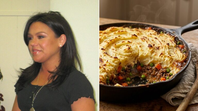 Rachael Ray next to a skillet of shepherd's pie with a golden mashed potato top, the first of our Rachael Ray recipes