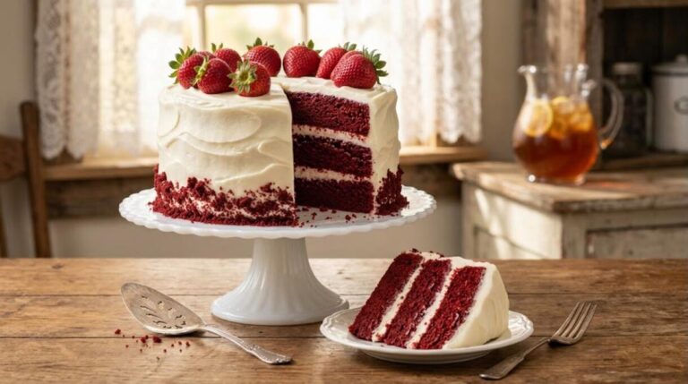 Southern cakes: three layer red velvet cake with cream cheese frosting
