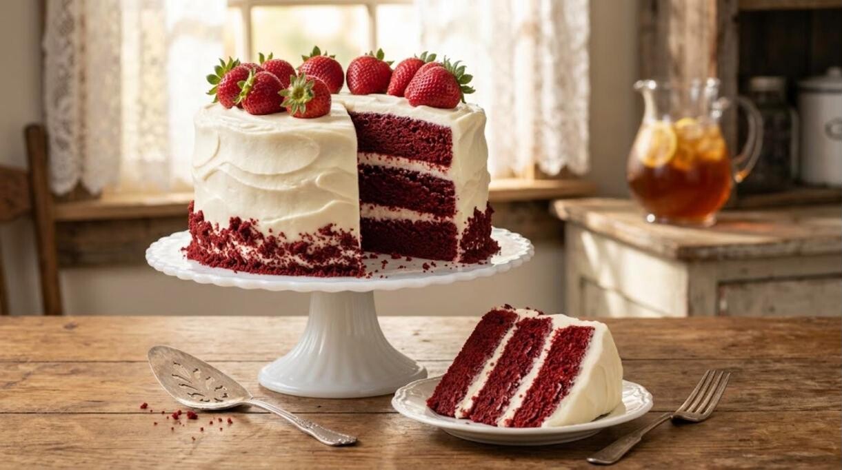Southern cakes: three layer red velvet cake with cream cheese frosting