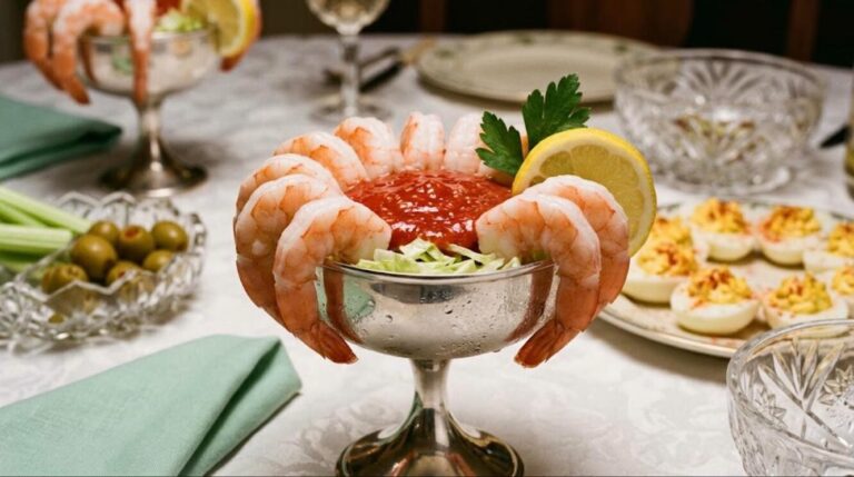 Retro appetizers classic: shrimp cocktail in a silver cup with cocktail sauce
