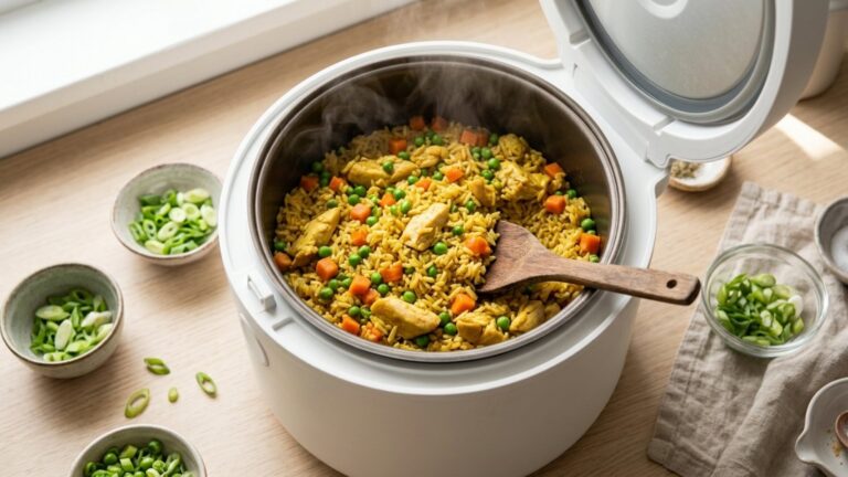 Rice cooker recipes: an open rice cooker full of chicken and rice with peas and carrots