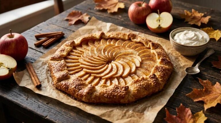 Apple desserts: a rustic apple galette with fanned apple slices on a wooden table