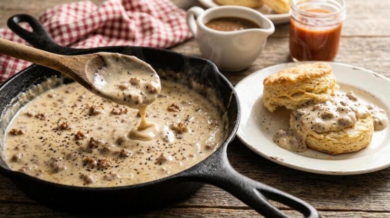 Cast iron skillet of sausage gravy beside a buttermilk biscuit, one of the classic gravy recipes