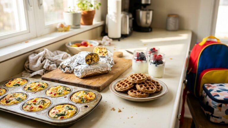 School morning breakfasts: egg cups, foil wrapped burritos, mini waffles and yogurt jars on a kitchen counter