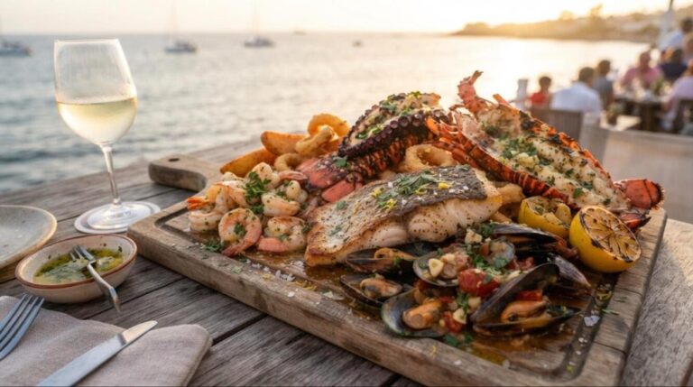 Seafood dinners: shrimp, lobster, mussels and fish on a wooden board