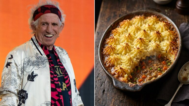 Keith Richards on stage next to a classic lamb shepherd's pie with golden mashed potato peaks, the first of our shepherd's pie recipes