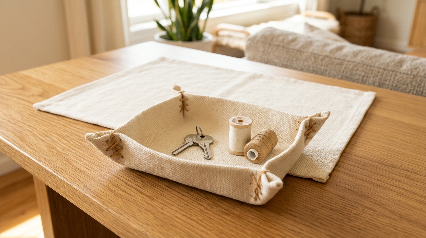 Placemat crafts: Shallow rectangular cream woven cotton tray with four corners pinched upward and stitched in tan floss