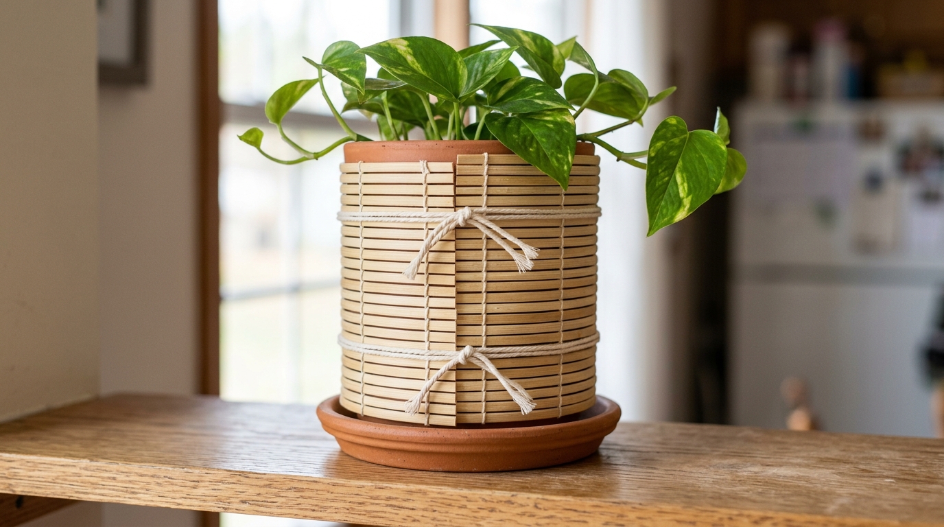 Natural horizontal bamboo-slatted sleeve around a separate plain outer planter, two horizontal cotton ties