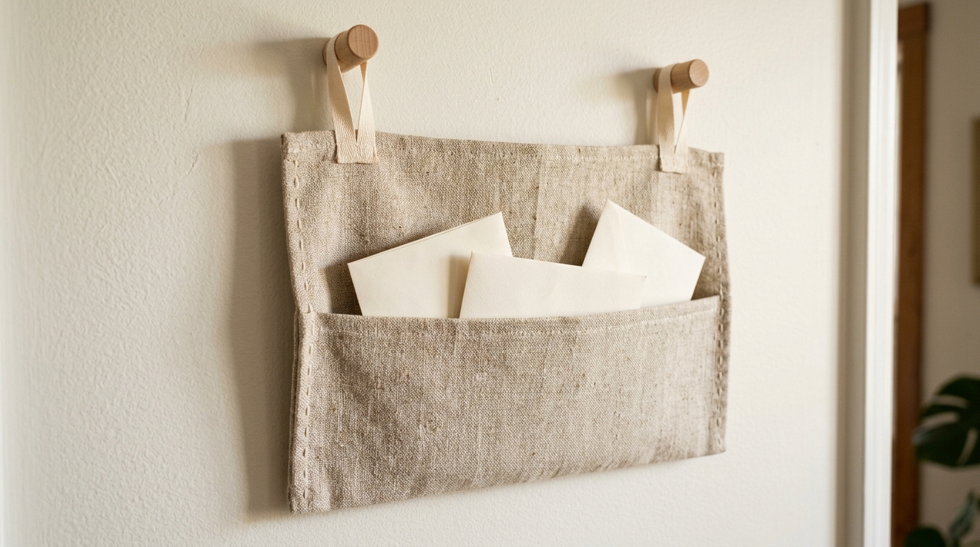 Placemat crafts: Rectangular cotton mat with lower-third pocket, two sewn ribbon hanging loops