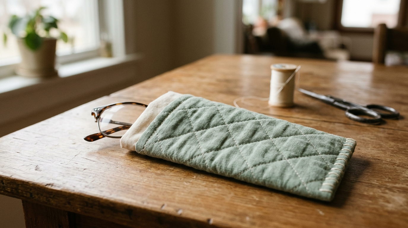 Slim quilted cotton glasses sleeve with soft lining and open top