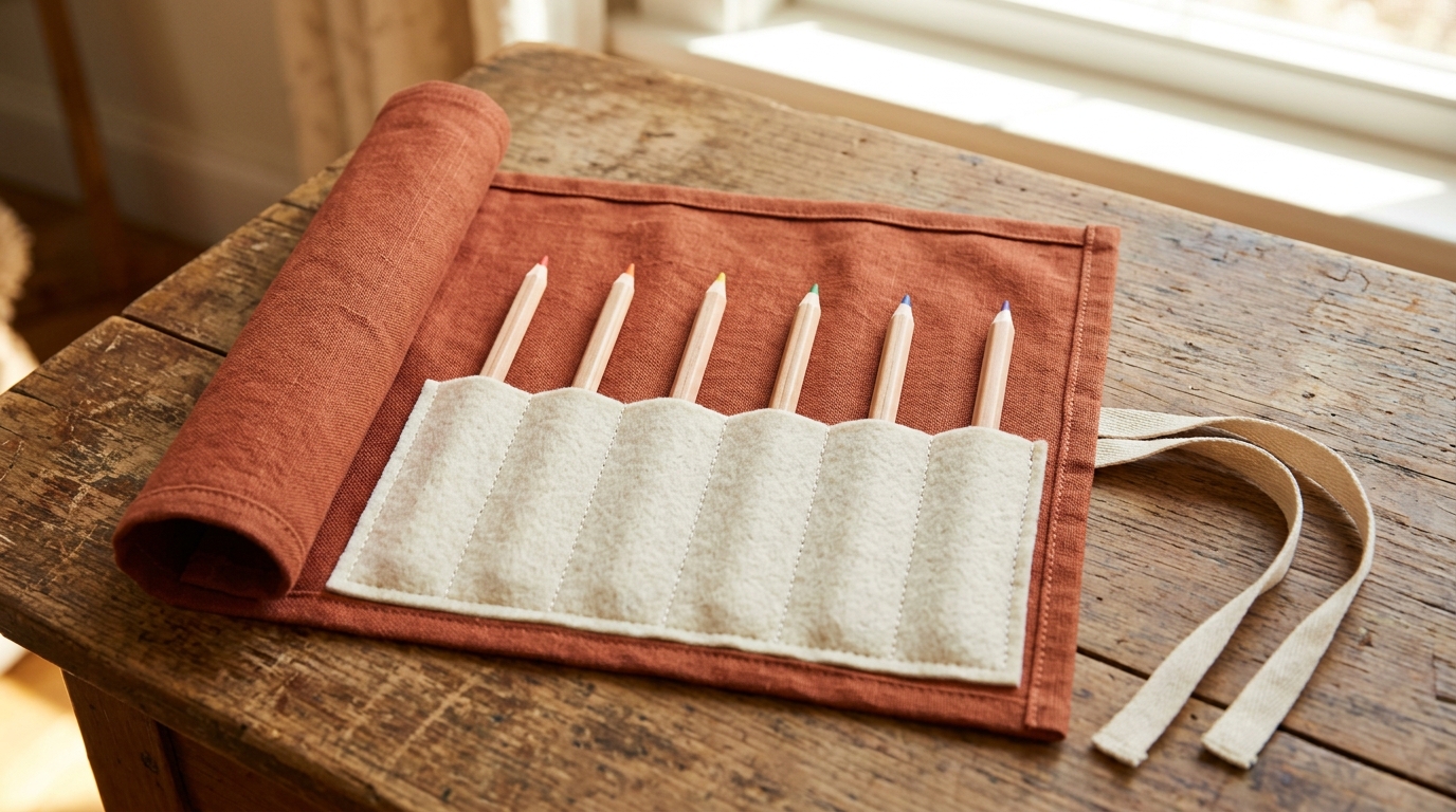 Cotton fabric roll with felt pocket divided into pencil channels and two ribbon ties