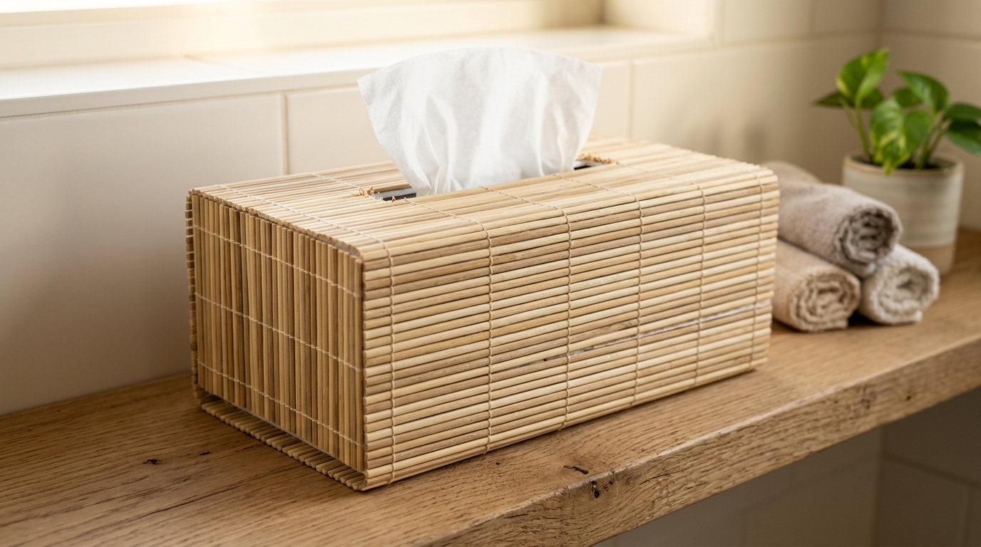 Open-bottom rectangular bamboo-clad tissue box cover, neat top slot, no lettering