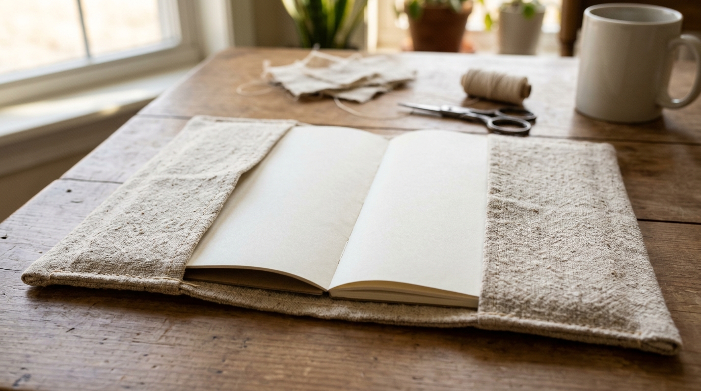 Placemat crafts: Fabric journal cover with clean end flaps, book spine and page edges unobstructed