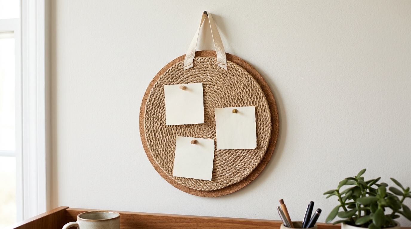 Round natural woven placemat backed by cork disc, small paper notes on pins, sewn ribbon loop