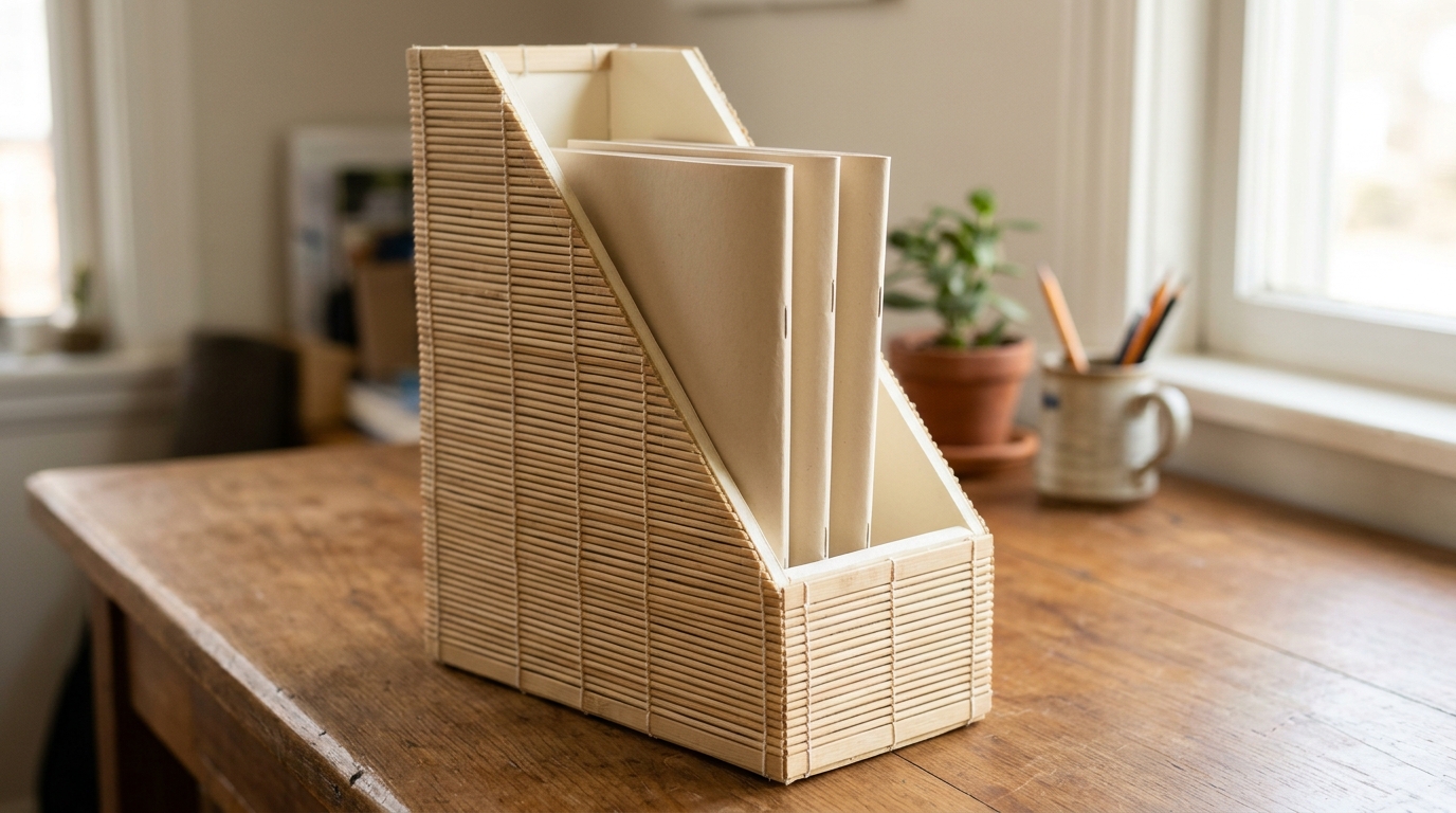 Placemat crafts: Upright bamboo-clad magazine file with sloping open front and visible plain interior