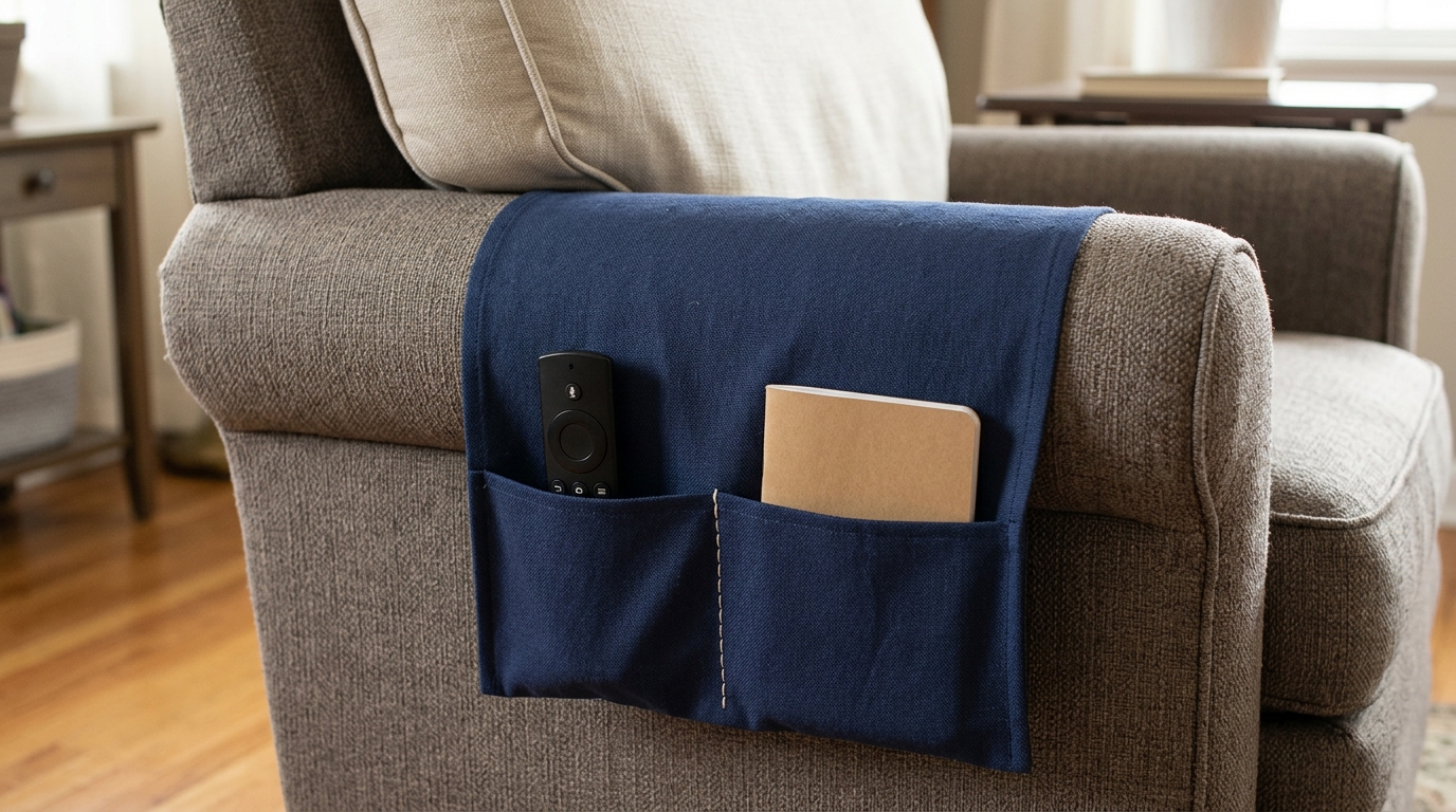 Long fabric placemat with two divided hanging pockets, flat securing flap under removable seat cushion