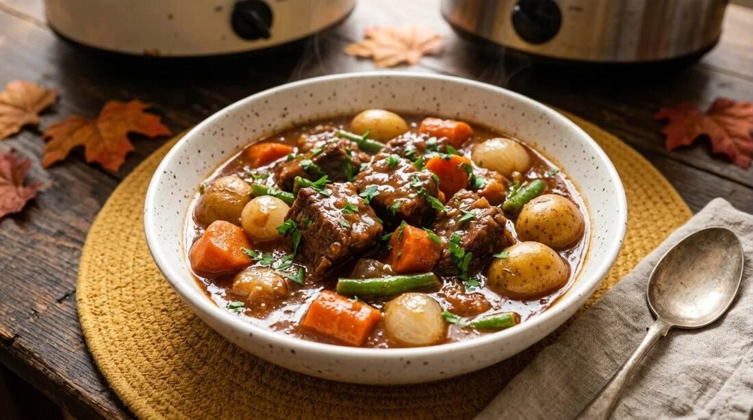 Slow cooker dinners: beef stew with carrots, potatoes and green beans in a white bowl