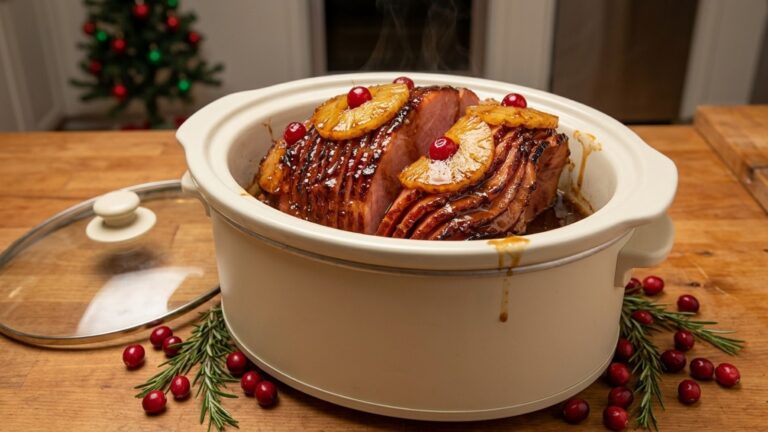 Brown sugar pineapple glazed ham in a slow cooker, the star of slow cooker Christmas recipes