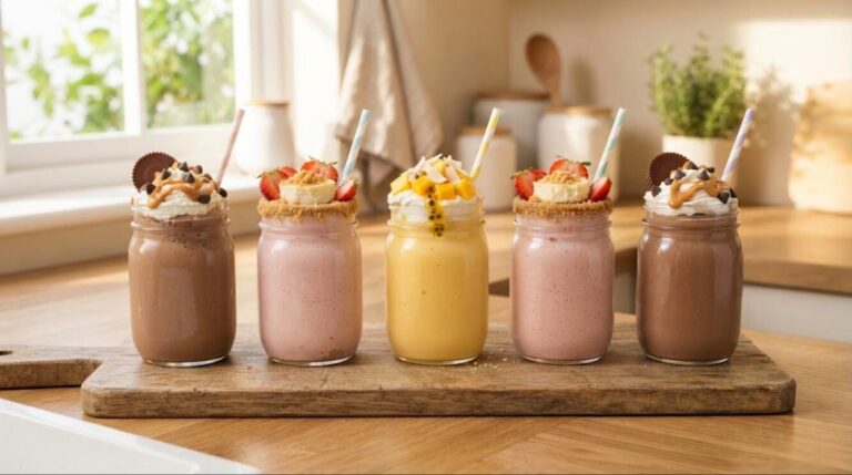 Smoothie recipes: chocolate, strawberry and mango smoothies in jars