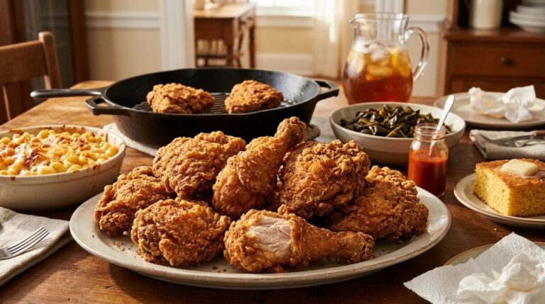 Soul food Sunday dinner with buttermilk fried chicken, mac and cheese and collard greens