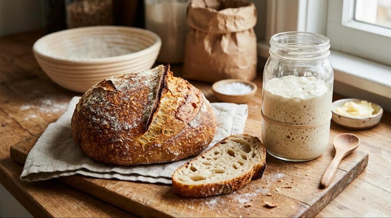 Sourdough recipes start here: crusty loaf, airy slice and a jar of bubbly starter