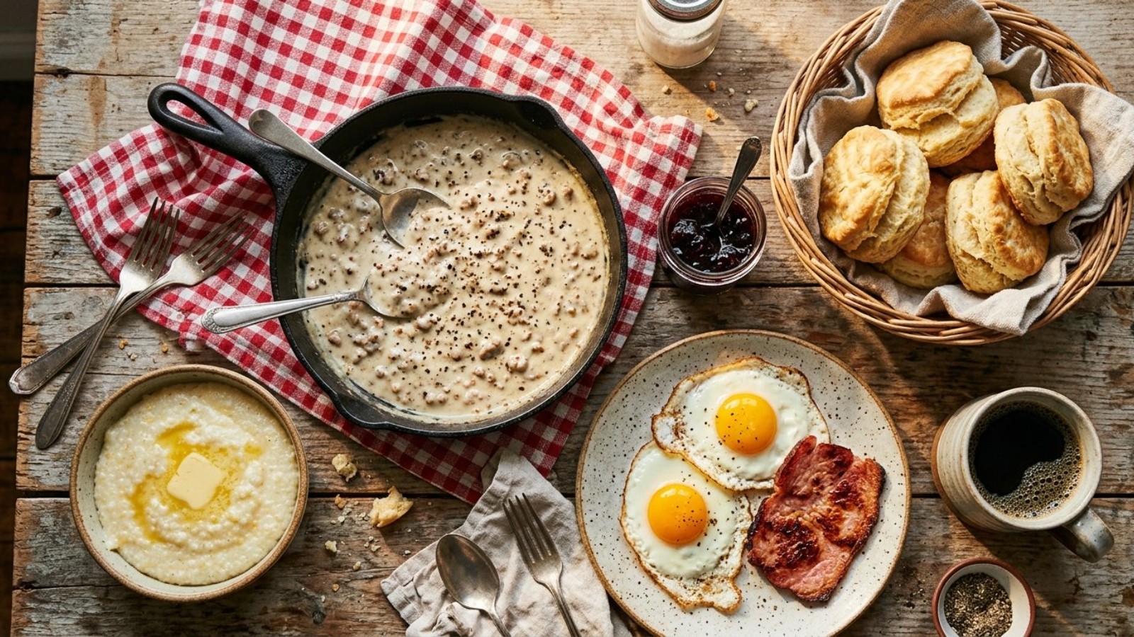 Southern breakfast spread with biscuits, sausage gravy, cheese grits, eggs and country ham
