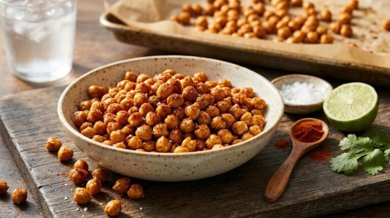 Crunchy snacks: spicy roasted chickpeas in a rustic bowl
