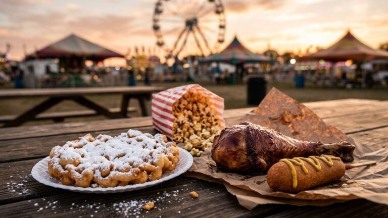 State fair foods spread with a funnel cake, a corn dog, a turkey leg and kettle corn at sunset