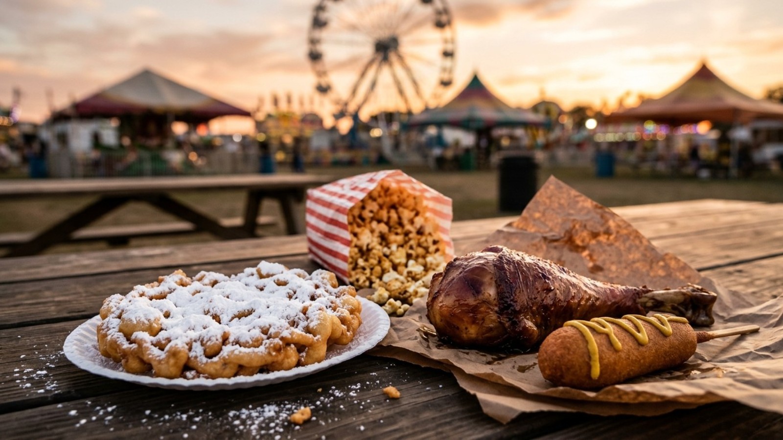 State fair foods spread with a funnel cake, a corn dog, a turkey leg and kettle corn at sunset