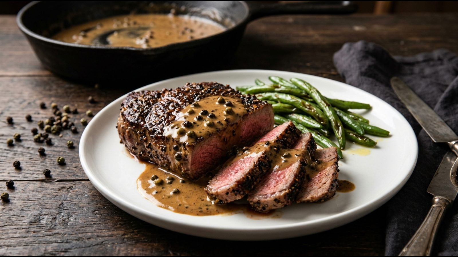 Steak au poivre sliced to show a pink center, with creamy peppercorn sauce and green beans