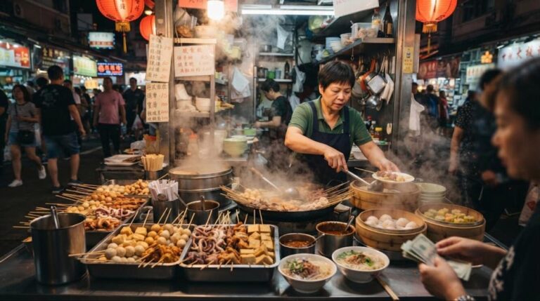 Street food: night market stall with skewers, dumplings and noodles