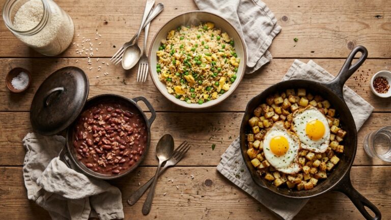 Struggle meals on a wooden table: egg fried rice, red beans and rice, and crispy potatoes with fried eggs