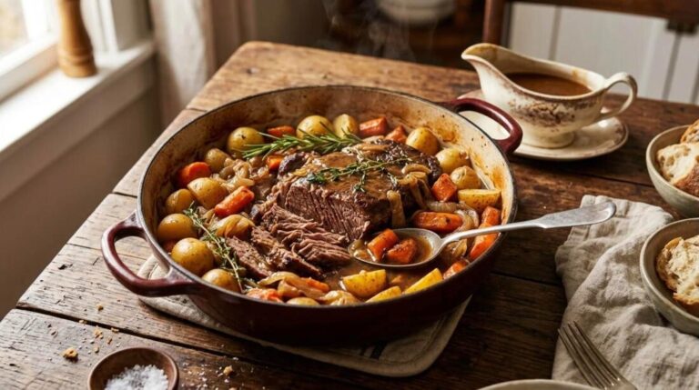 Sunday dinner pot roast with potatoes, carrots and onions in a Dutch oven