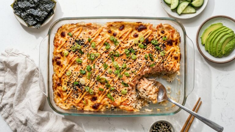 Sushi bake in a glass baking dish with crab and salmon topping, spicy mayo and seaweed snacks