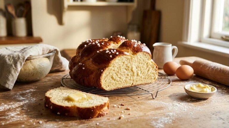 Sweet yeast breads: a glossy braided loaf with pearl sugar on a cooling rack
