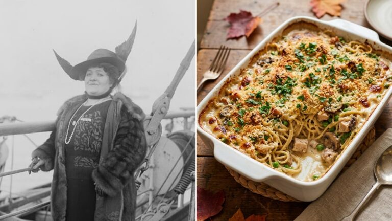 Opera singer Luisa Tetrazzini next to a bubbling turkey Tetrazzini casserole, the first of our Tetrazzini recipes