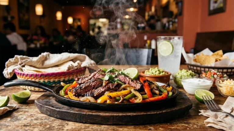 Tex-Mex steak fajitas sizzling in a cast iron skillet with peppers and onions