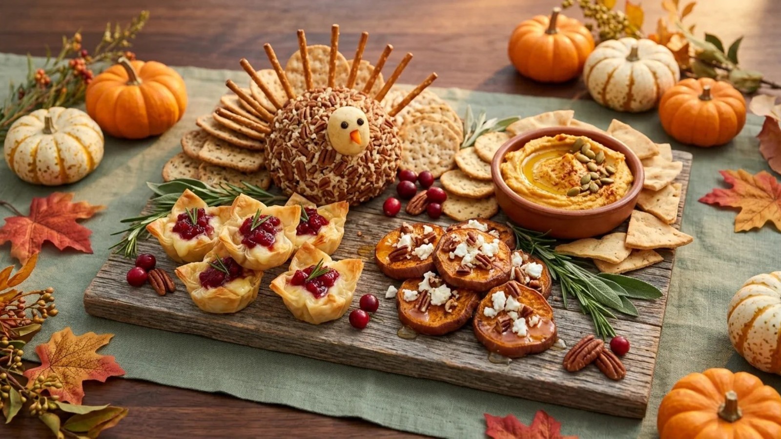 A Thanksgiving appetizer board with a turkey shaped cheese ball, brie bites and sweet potato rounds