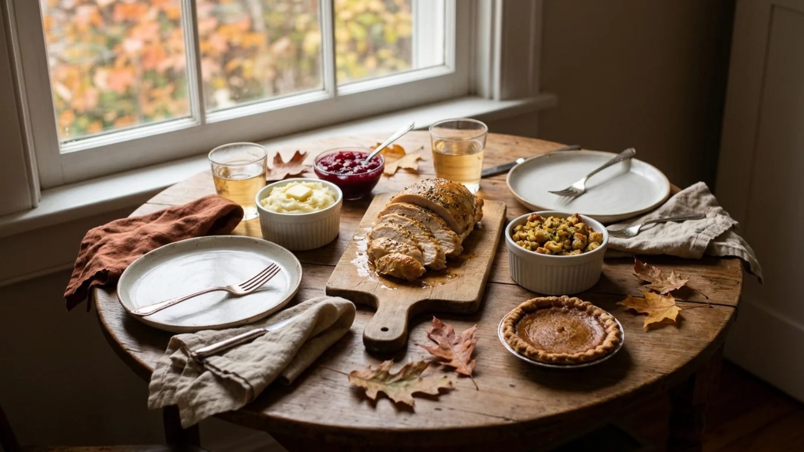 Thanksgiving for two: a small table set with sliced turkey breast, mashed potatoes, stuffing, cranberry sauce and a mini pumpkin pie