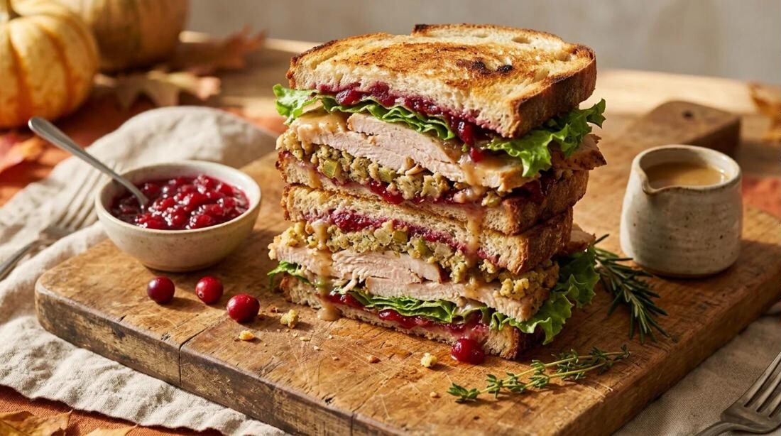 Thanksgiving leftover recipes: a stacked turkey sandwich with stuffing and cranberry sauce