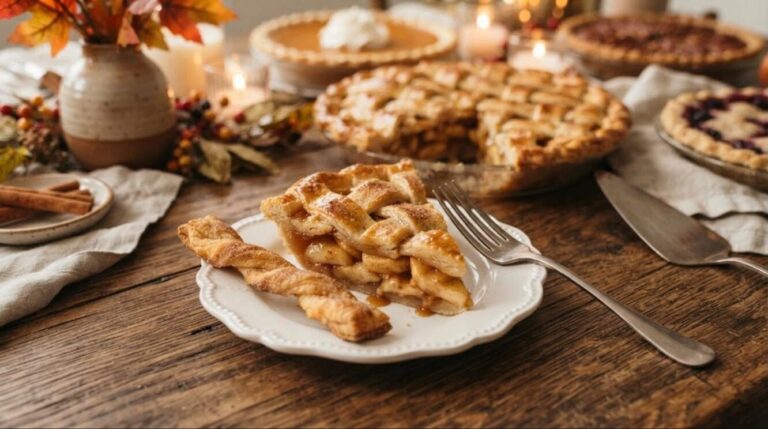 Thanksgiving pies: homemade lattice apple pie on a holiday dessert table