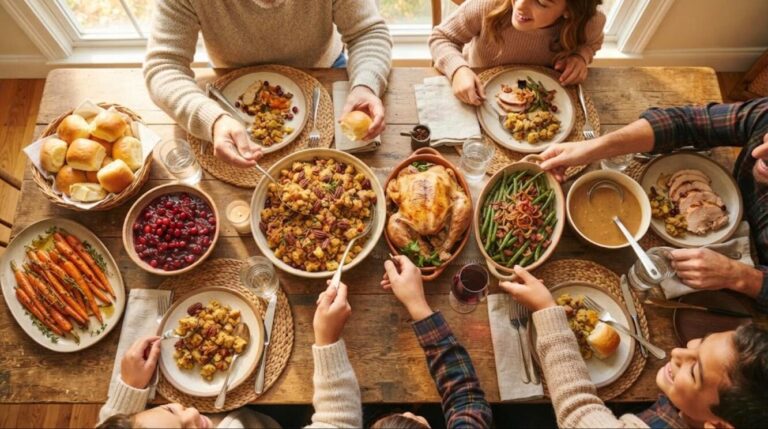 Thanksgiving side dishes on a family table with stuffing, green beans and rolls