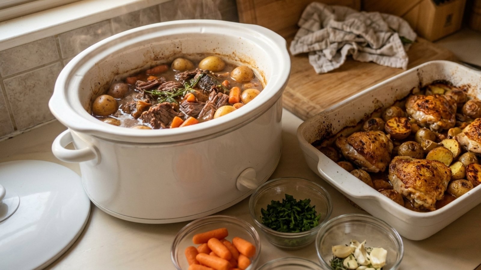 Three-ingredient dump dinners: a slow cooker pot roast with potatoes next to a baked chicken and potato dish