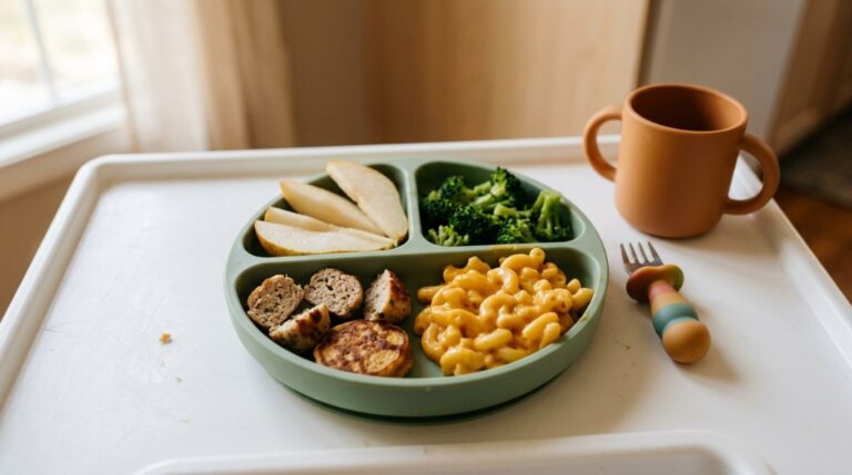 Toddler meals divided plate with mini meatballs, mac and cheese, broccoli and pear