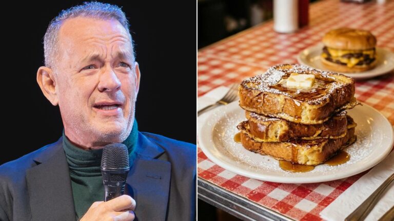 Tom Hanks next to challah French toast, the first course of his last meal