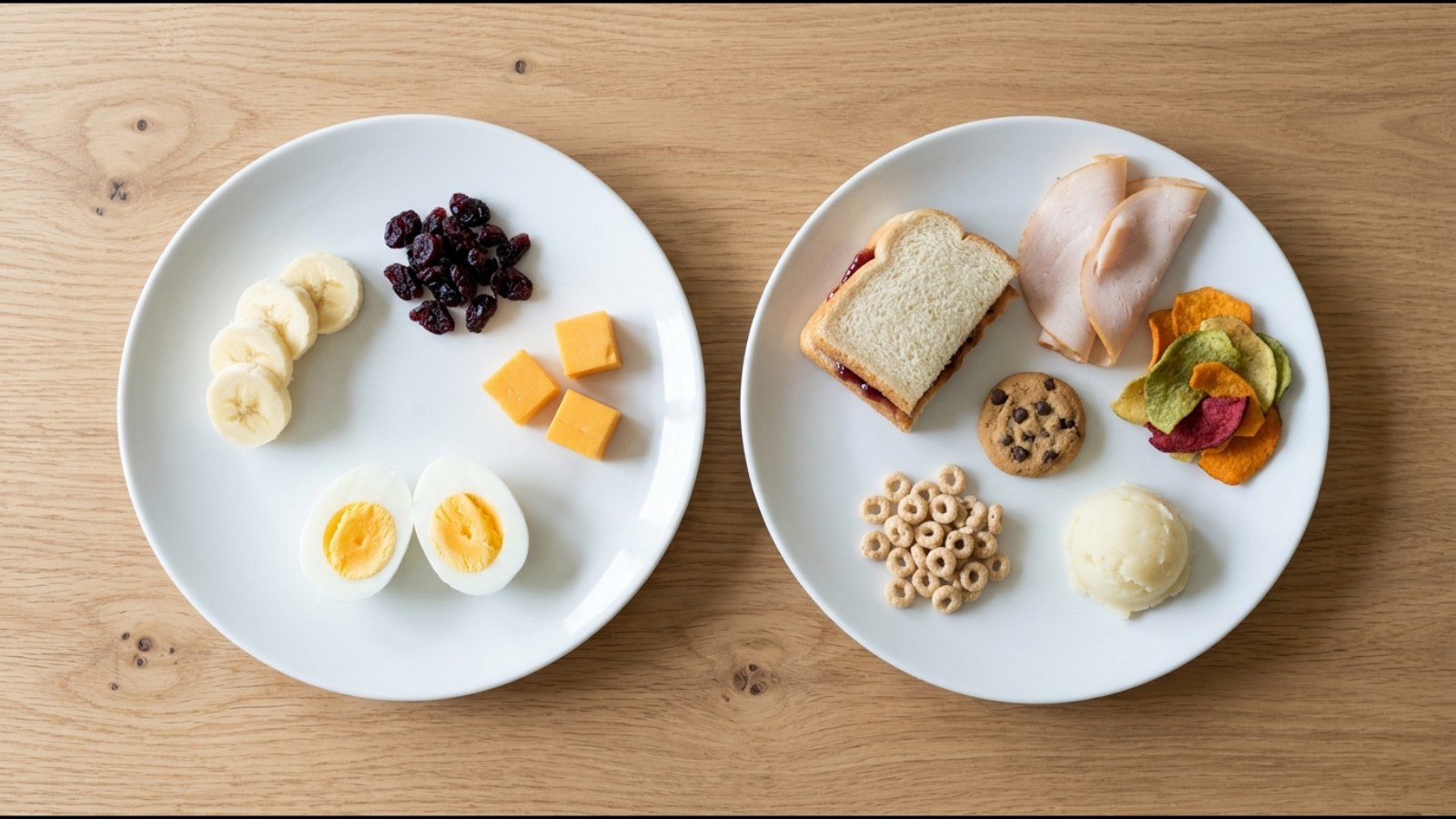 Ultraprocessed foods study plates: banana, cranberries, cheese and egg next to a PB and J bite, turkey, veggie chips, cookie, cereal and mashed potatoes