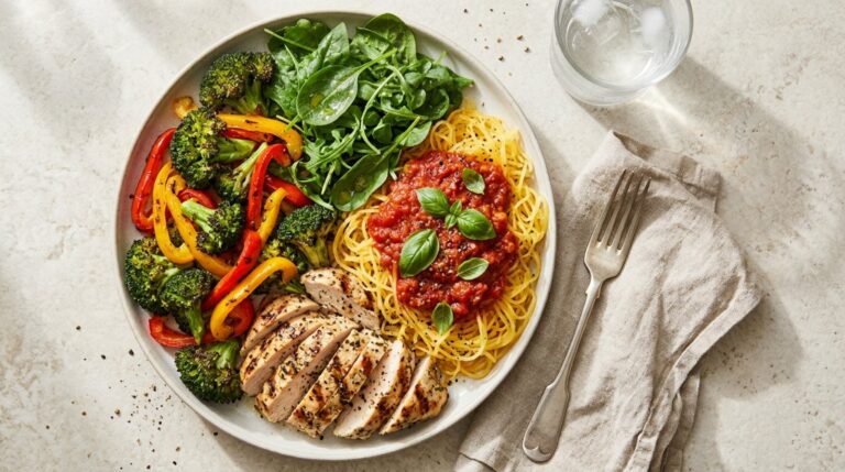 Volume eating dinner plate with chicken, spaghetti squash, peppers, broccoli and greens