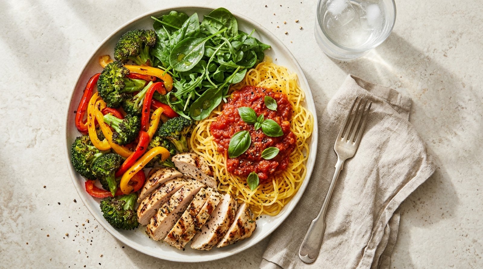 Volume eating dinner plate with chicken, spaghetti squash, peppers, broccoli and greens