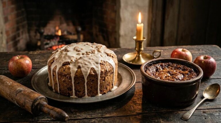 Colonial recipes still life with a glazed Election cake and baked Indian pudding by candlelight